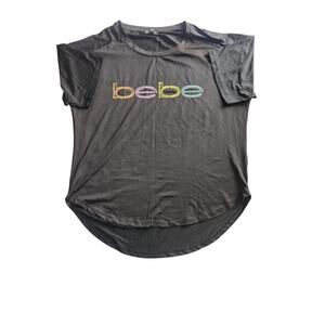 BEBE Sport Active Short Sleeve T-Shirt Black w Multi Color Logo - Size L